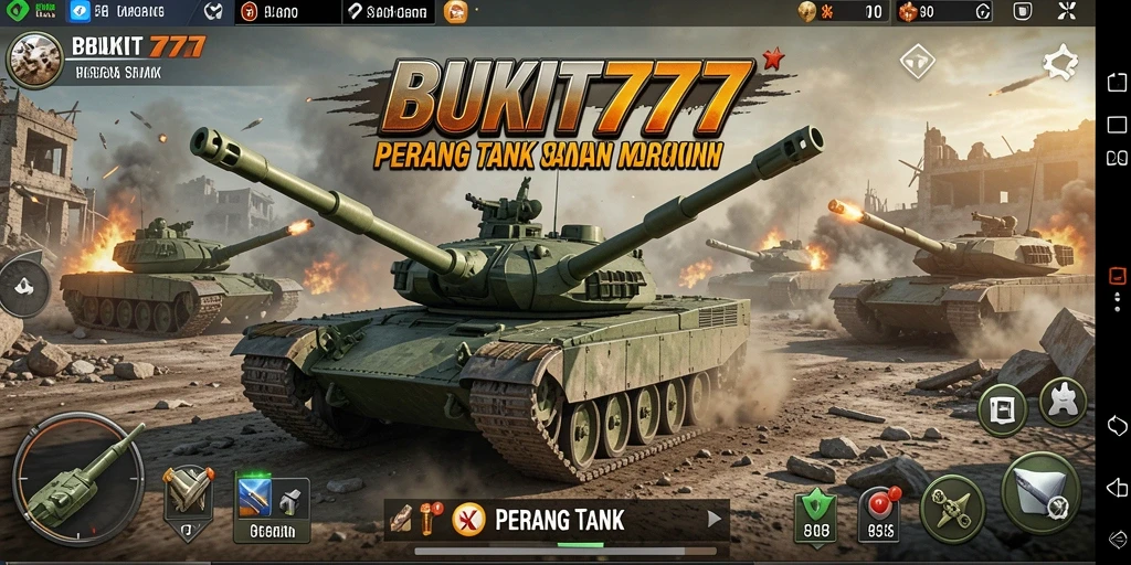 Antarmuka permainan <strong>BUKIT777</strong> yang dinamis dan menarik saat pertempuran tank.