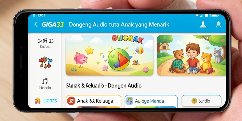 Tampilan antarmuka GIGA33 untuk dongeng audio yang ramah anak.